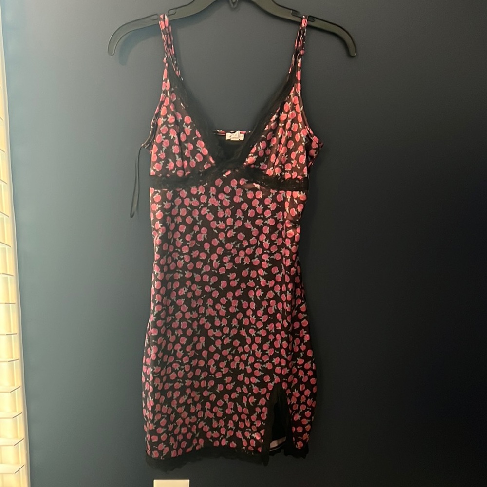 Garage mini dress with rose detailing and black lace trim